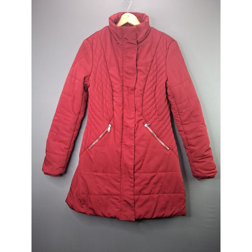 LA Coalition Puffer Parka Jacket M Red Faux Fur Lined Quilted Winter Coat Zip Up